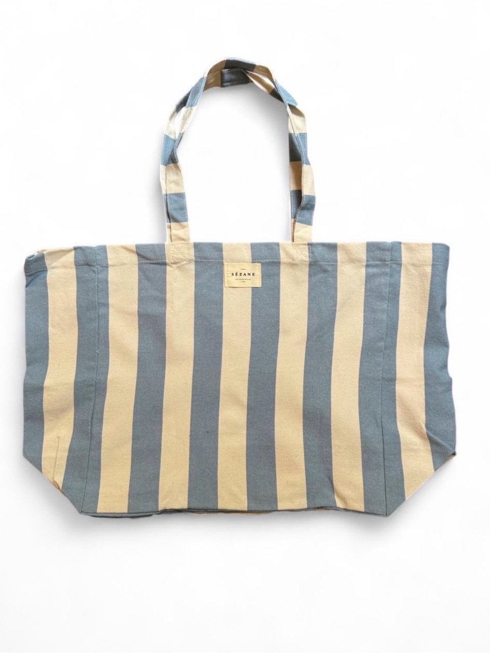 Sézane blue and cream vertical striped tote bag. Oversized, large gussets.